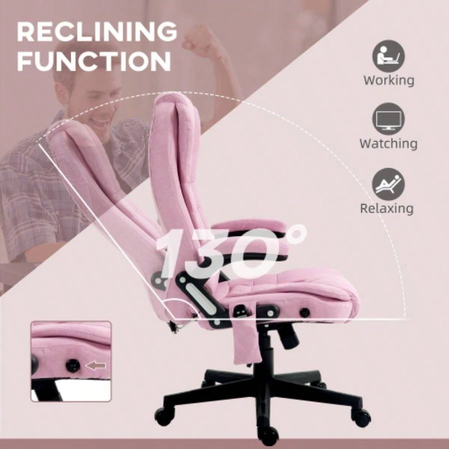 HOMCOM 6 Point Vibrating Massage Office Chair with Heat, Linen High Back Executive Office Chair with Reclining Backrest, Padded Armrests and Remote, Pink