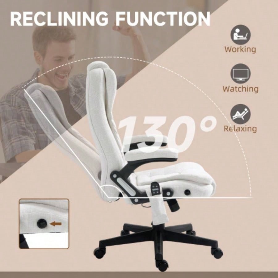 HOMCOM 6 Point Vibrating Massage Office Chair with Heat, Linen High Back Executive Office Chair with Reclining Backrest, Padded Armrests and Remote, White