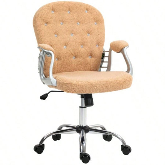 Vinsetto Teddy Fleece Home Office Chair, Button Tufted Desk Chair with Padded Armrests, Adjustable Height and Swivel Wheels, Khaki