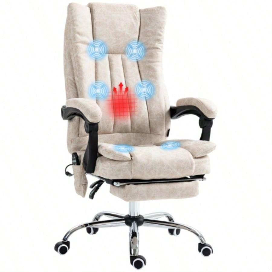 Vinsetto Microfiber Office Chair, High Back Computer Chair with 6 Point Massage, Heat, Adjustable Height and Retractable Footrest, White