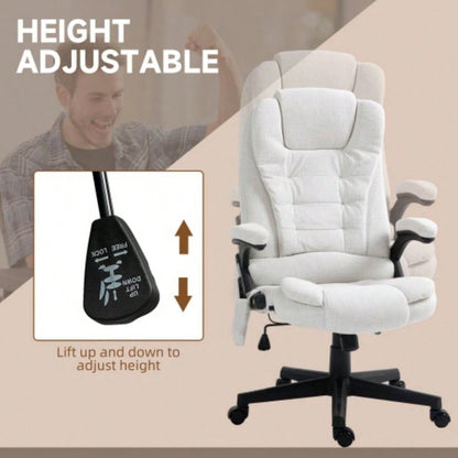 HOMCOM 6 Point Vibrating Massage Office Chair with Heat, Linen High Back Executive Office Chair with Reclining Backrest, Padded Armrests and Remote, White