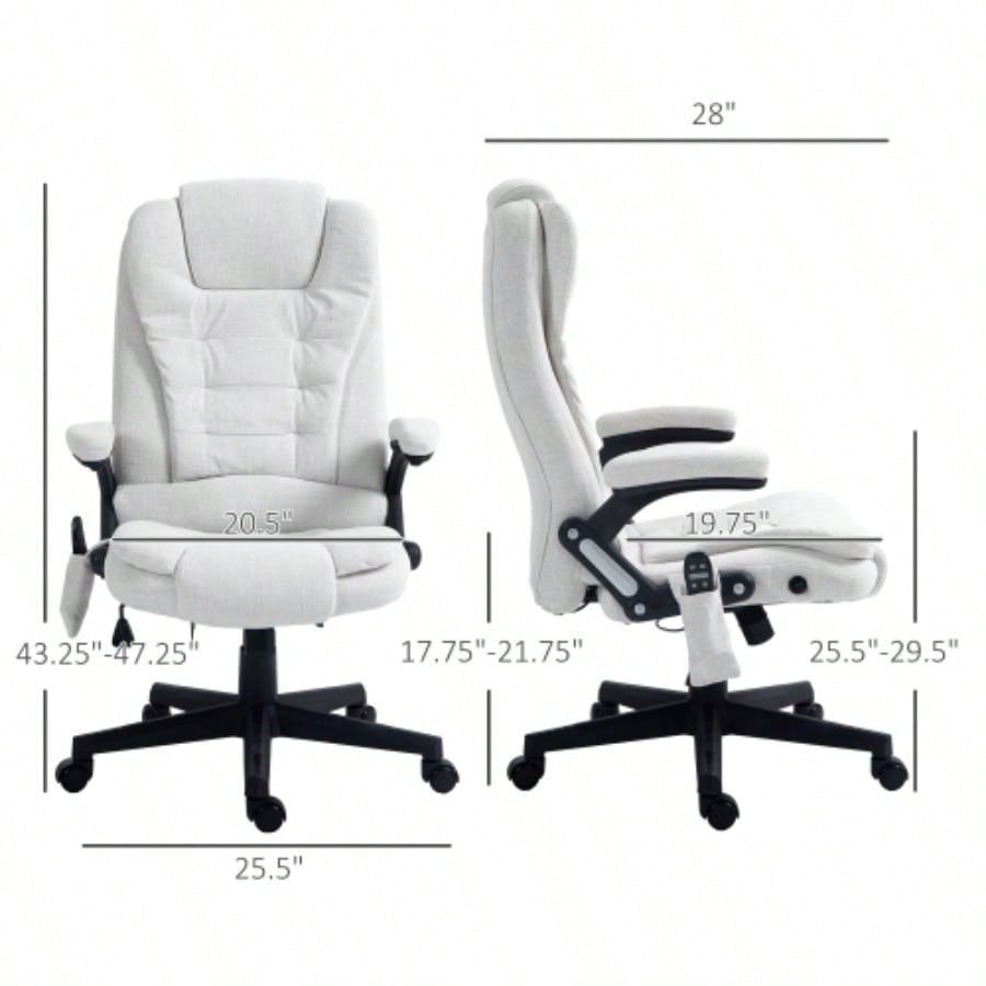 HOMCOM 6 Point Vibrating Massage Office Chair with Heat, Linen High Back Executive Office Chair with Reclining Backrest, Padded Armrests and Remote, White