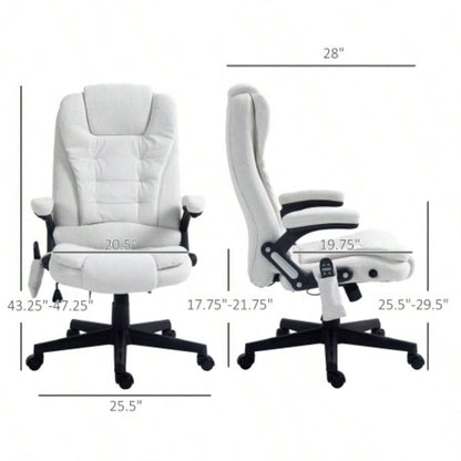 HOMCOM 6 Point Vibrating Massage Office Chair with Heat, Linen High Back Executive Office Chair with Reclining Backrest, Padded Armrests and Remote, White