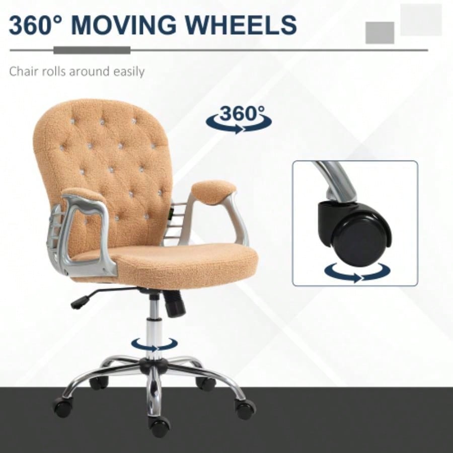 Vinsetto Teddy Fleece Home Office Chair, Button Tufted Desk Chair with Padded Armrests, Adjustable Height and Swivel Wheels, Khaki