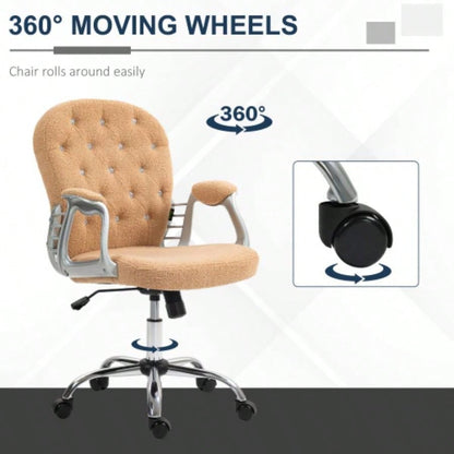 Vinsetto Teddy Fleece Home Office Chair, Button Tufted Desk Chair with Padded Armrests, Adjustable Height and Swivel Wheels, Khaki