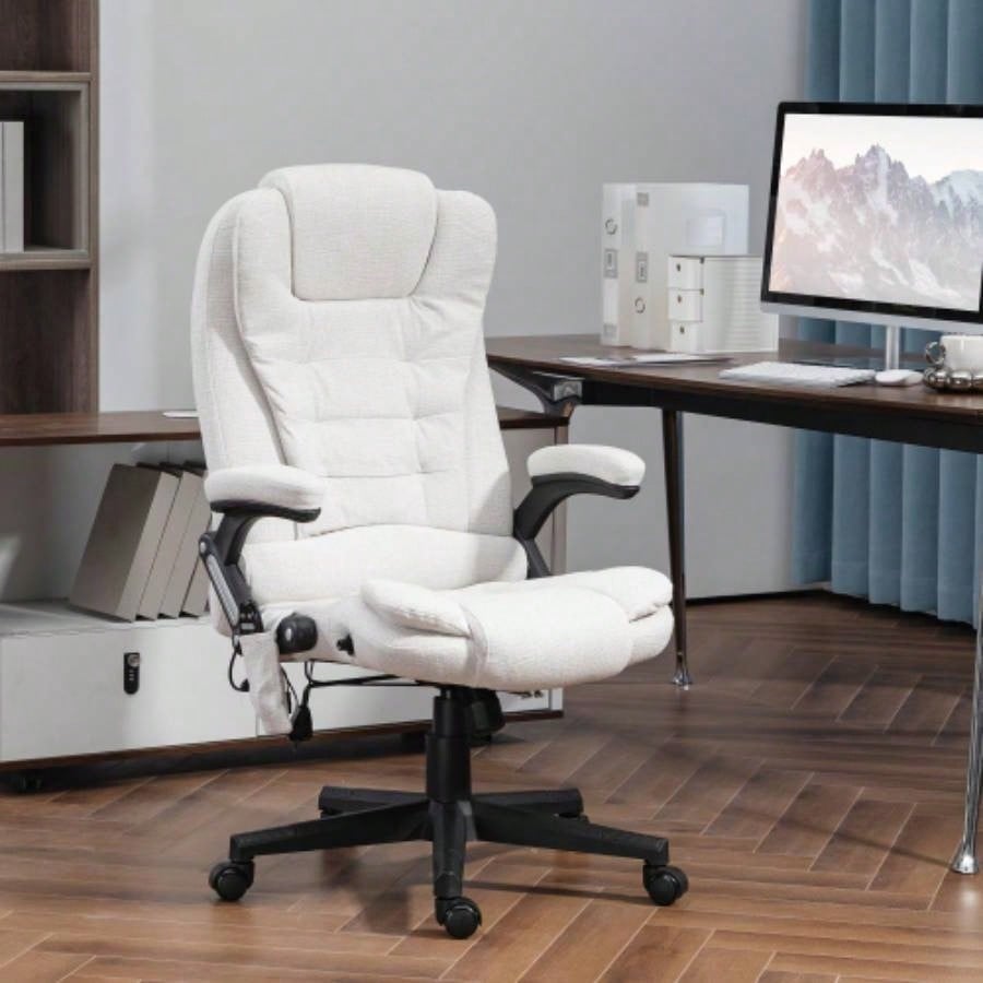 HOMCOM 6 Point Vibrating Massage Office Chair with Heat, Linen High Back Executive Office Chair with Reclining Backrest, Padded Armrests and Remote, White