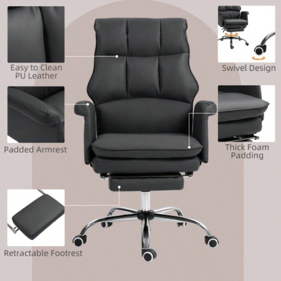 HOMCOM Executive Office Chair, PU Leather Ergonomic Office Desk Chair with Footrest, Reclining and Swivel Chair, Black