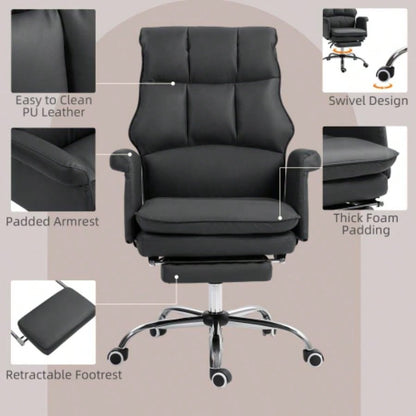 HOMCOM Executive Office Chair, PU Leather Ergonomic Office Desk Chair with Footrest, Reclining and Swivel Chair, Black