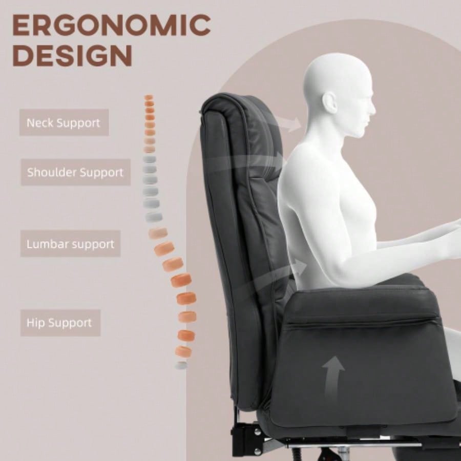 HOMCOM Executive Office Chair, PU Leather Ergonomic Office Desk Chair with Footrest, Reclining and Swivel Chair, Black
