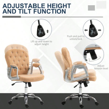 Vinsetto Teddy Fleece Home Office Chair, Button Tufted Desk Chair with Padded Armrests, Adjustable Height and Swivel Wheels, Khaki