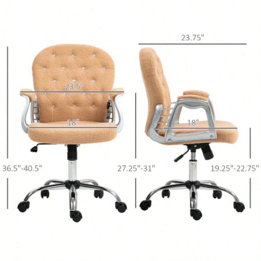 Vinsetto Teddy Fleece Home Office Chair, Button Tufted Desk Chair with Padded Armrests, Adjustable Height and Swivel Wheels, Khaki