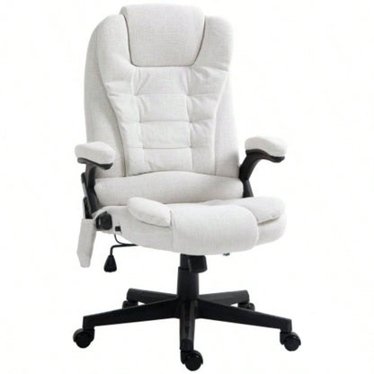 HOMCOM 6 Point Vibrating Massage Office Chair with Heat, Linen High Back Executive Office Chair with Reclining Backrest, Padded Armrests and Remote, White