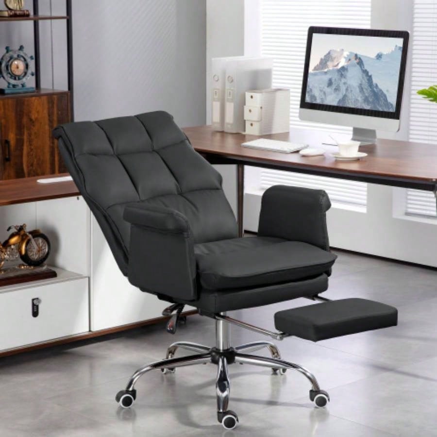 HOMCOM Executive Office Chair, PU Leather Ergonomic Office Desk Chair with Footrest, Reclining and Swivel Chair, Black