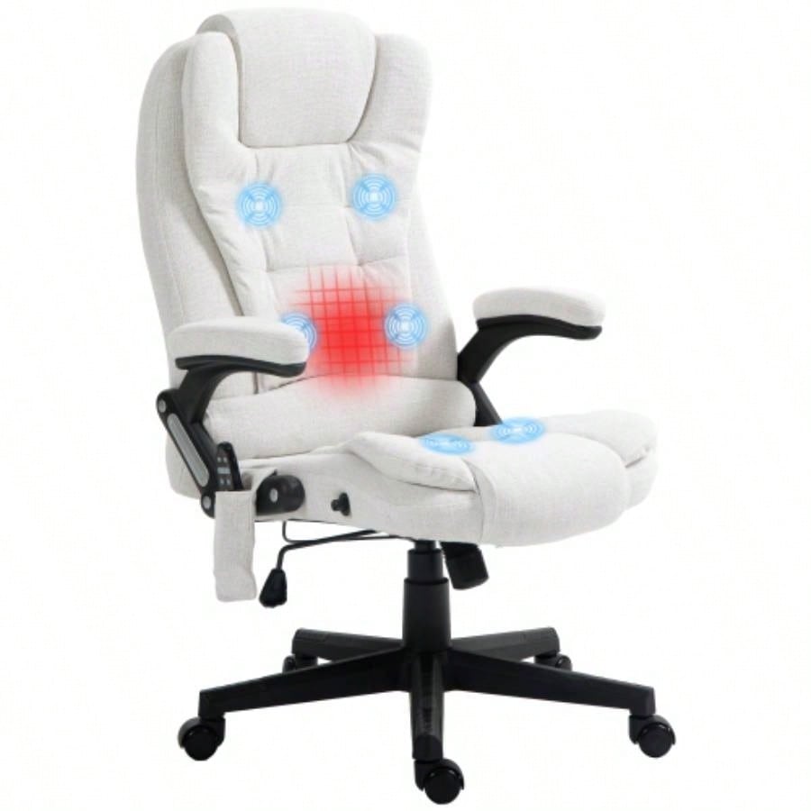 HOMCOM 6 Point Vibrating Massage Office Chair with Heat, Linen High Back Executive Office Chair with Reclining Backrest, Padded Armrests and Remote, White