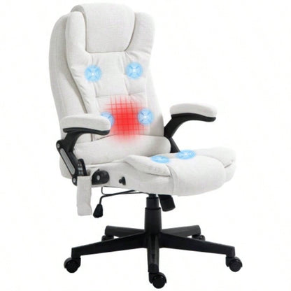 HOMCOM 6 Point Vibrating Massage Office Chair with Heat, Linen High Back Executive Office Chair with Reclining Backrest, Padded Armrests and Remote, White
