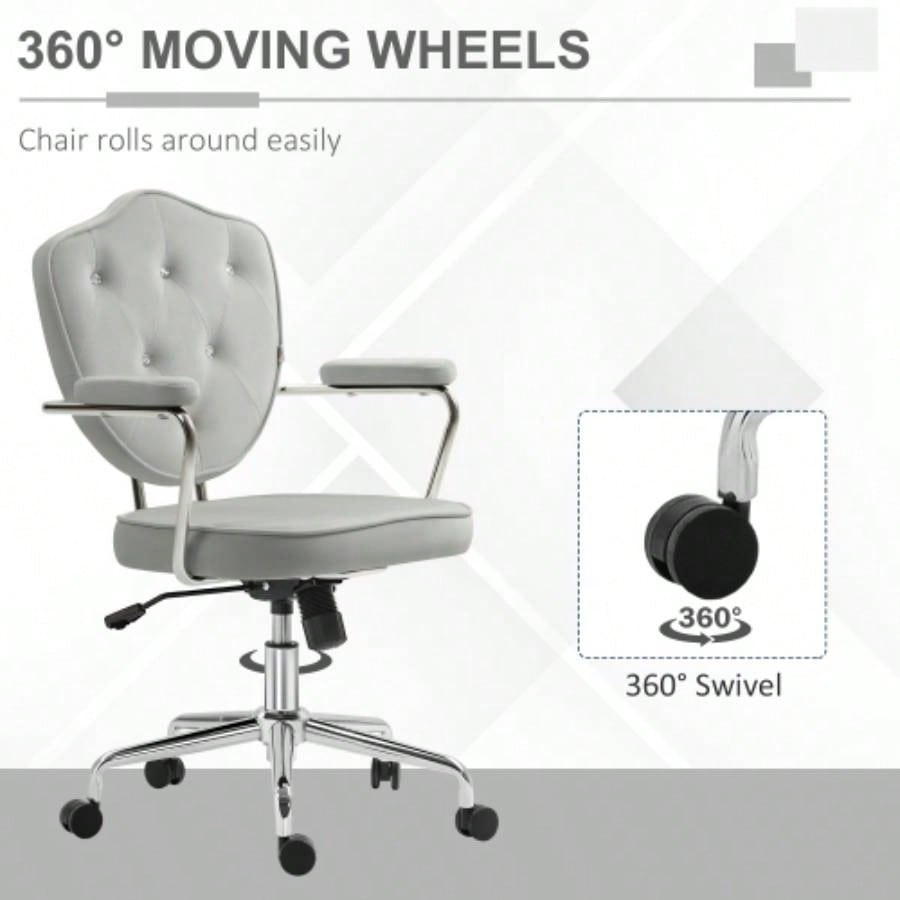 HOMCOM Cute Home Office Chair, Computer Desk Chair with Button Tufted Velvet - Feel Fabric, Swivel Vanity Chair, Gray