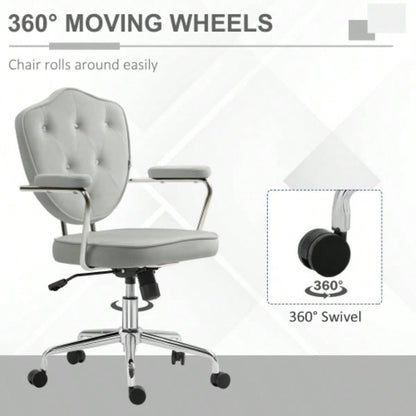 HOMCOM Cute Home Office Chair, Computer Desk Chair with Button Tufted Velvet - Feel Fabric, Swivel Vanity Chair, Gray