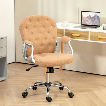 Vinsetto Teddy Fleece Home Office Chair, Button Tufted Desk Chair with Padded Armrests, Adjustable Height and Swivel Wheels, Khaki