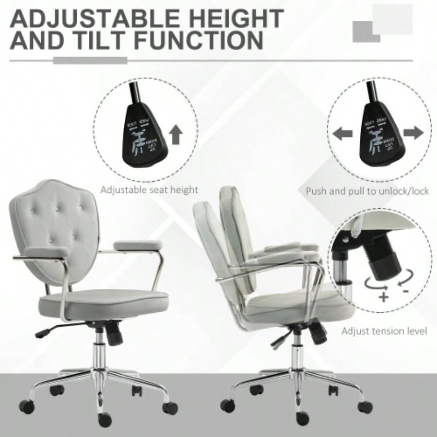 HOMCOM Cute Home Office Chair, Computer Desk Chair with Button Tufted Velvet - Feel Fabric, Swivel Vanity Chair, Gray