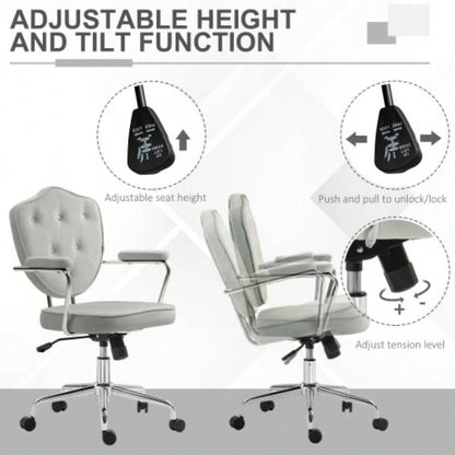 HOMCOM Cute Home Office Chair, Computer Desk Chair with Button Tufted Velvet - Feel Fabric, Swivel Vanity Chair, Gray