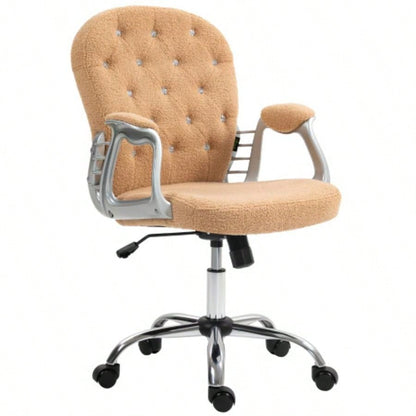 Vinsetto Teddy Fleece Home Office Chair, Button Tufted Desk Chair with Padded Armrests, Adjustable Height and Swivel Wheels, Khaki
