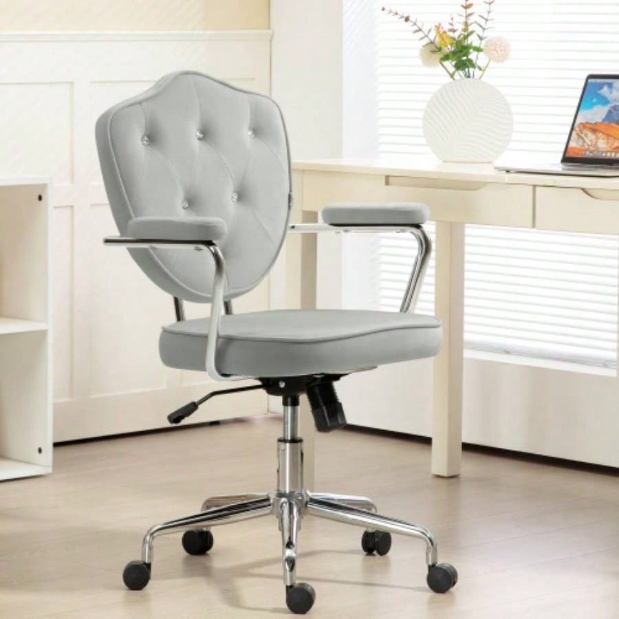 HOMCOM Cute Home Office Chair, Computer Desk Chair with Button Tufted Velvet - Feel Fabric, Swivel Vanity Chair, Gray