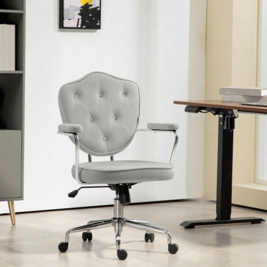 HOMCOM Cute Home Office Chair, Computer Desk Chair with Button Tufted Velvet - Feel Fabric, Swivel Vanity Chair, Gray