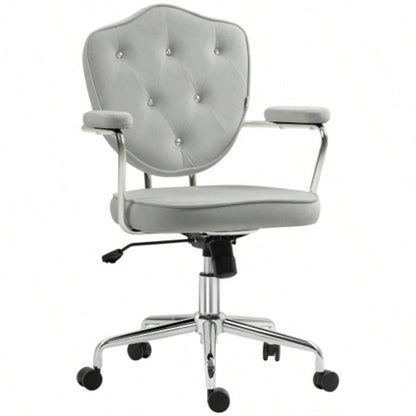 HOMCOM Cute Home Office Chair, Computer Desk Chair with Button Tufted Velvet - Feel Fabric, Swivel Vanity Chair, Gray