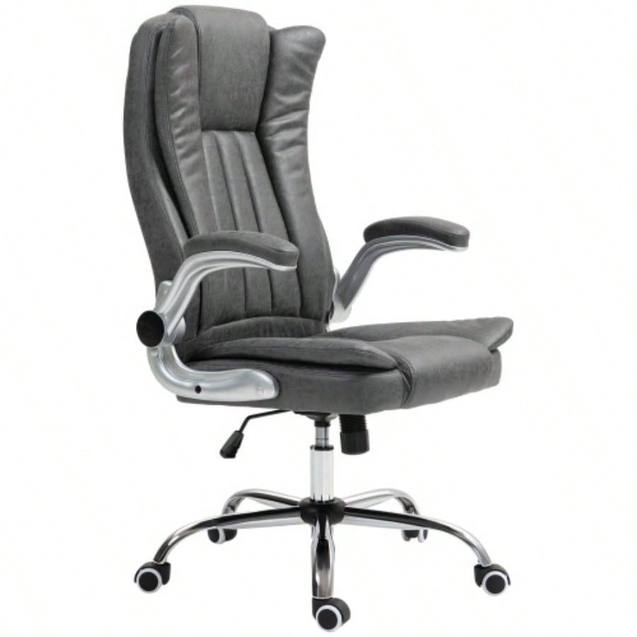 HOMCOM Executive Office Chair with Padded Flip - up Arms, Microfiber High Back Desk Chair, Swivel Computer Chair with Adjustable Height and Tilt Function, Gray