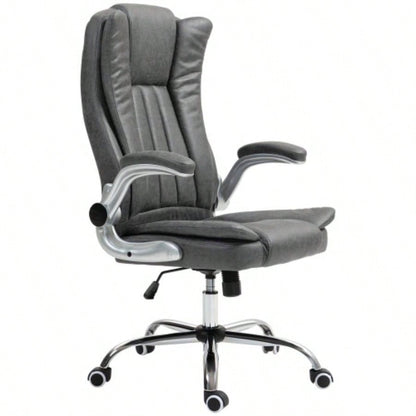 HOMCOM Executive Office Chair with Padded Flip - up Arms, Microfiber High Back Desk Chair, Swivel Computer Chair with Adjustable Height and Tilt Function, Gray