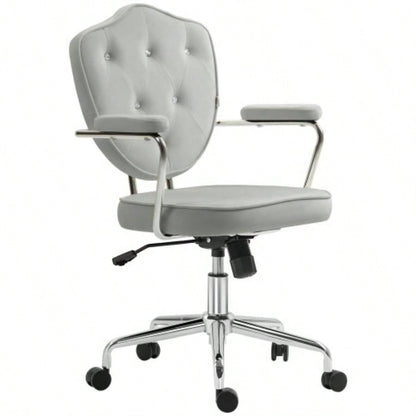 HOMCOM Cute Home Office Chair, Computer Desk Chair with Button Tufted Velvet - Feel Fabric, Swivel Vanity Chair, Gray
