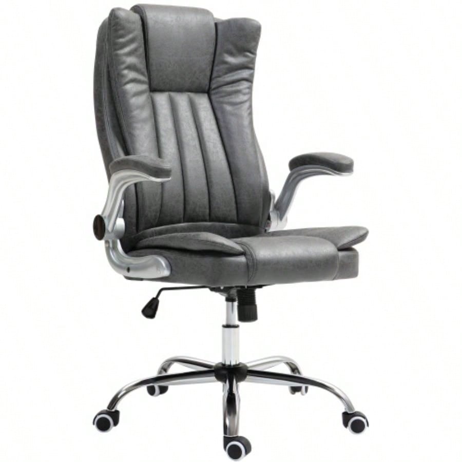 HOMCOM Executive Office Chair with Padded Flip - up Arms, Microfiber High Back Desk Chair, Swivel Computer Chair with Adjustable Height and Tilt Function, Gray