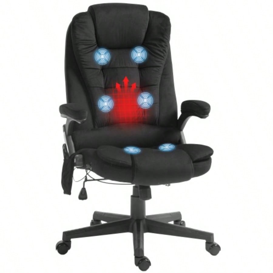 HOMCOM 6 Point Vibrating Massage Office Chair with Heat, Velvet High Back Executive Office Chair with Reclining Backrest, Padded Armrests and Remote, Black