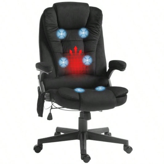 HOMCOM 6 Point Vibrating Massage Office Chair with Heat, Velvet High Back Executive Office Chair with Reclining Backrest, Padded Armrests and Remote, Black