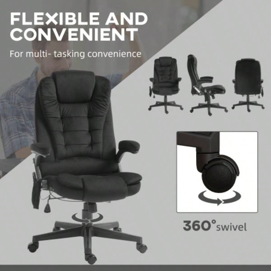 HOMCOM 6 Point Vibrating Massage Office Chair with Heat, Velvet High Back Executive Office Chair with Reclining Backrest, Padded Armrests and Remote, Black