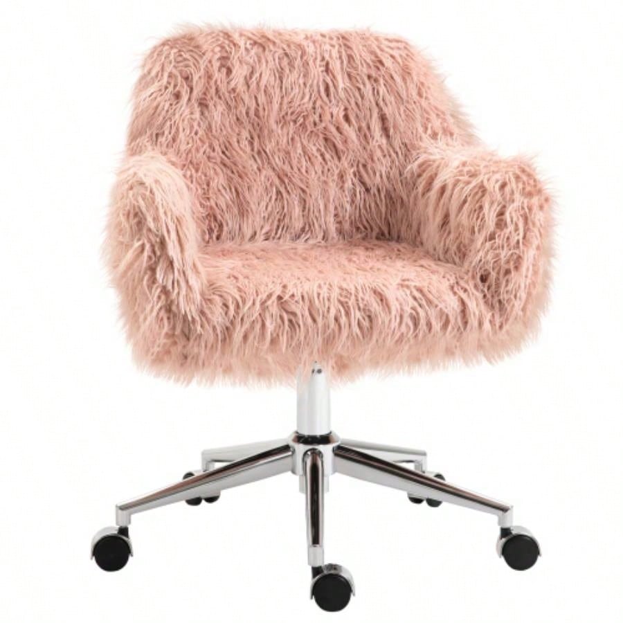 Vinsetto Faux Fur Desk Chair, Swivel Vanity Chair with Adjustable Height and Wheels Office, Bedroom, Pink