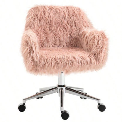 Vinsetto Faux Fur Desk Chair, Swivel Vanity Chair with Adjustable Height and Wheels Office, Bedroom, Pink