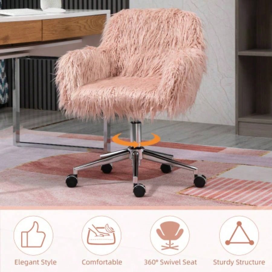 Vinsetto Faux Fur Desk Chair, Swivel Vanity Chair with Adjustable Height and Wheels Office, Bedroom, Pink