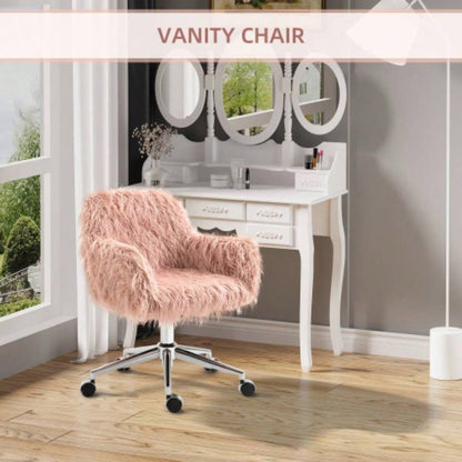 Vinsetto Faux Fur Desk Chair, Swivel Vanity Chair with Adjustable Height and Wheels Office, Bedroom, Pink