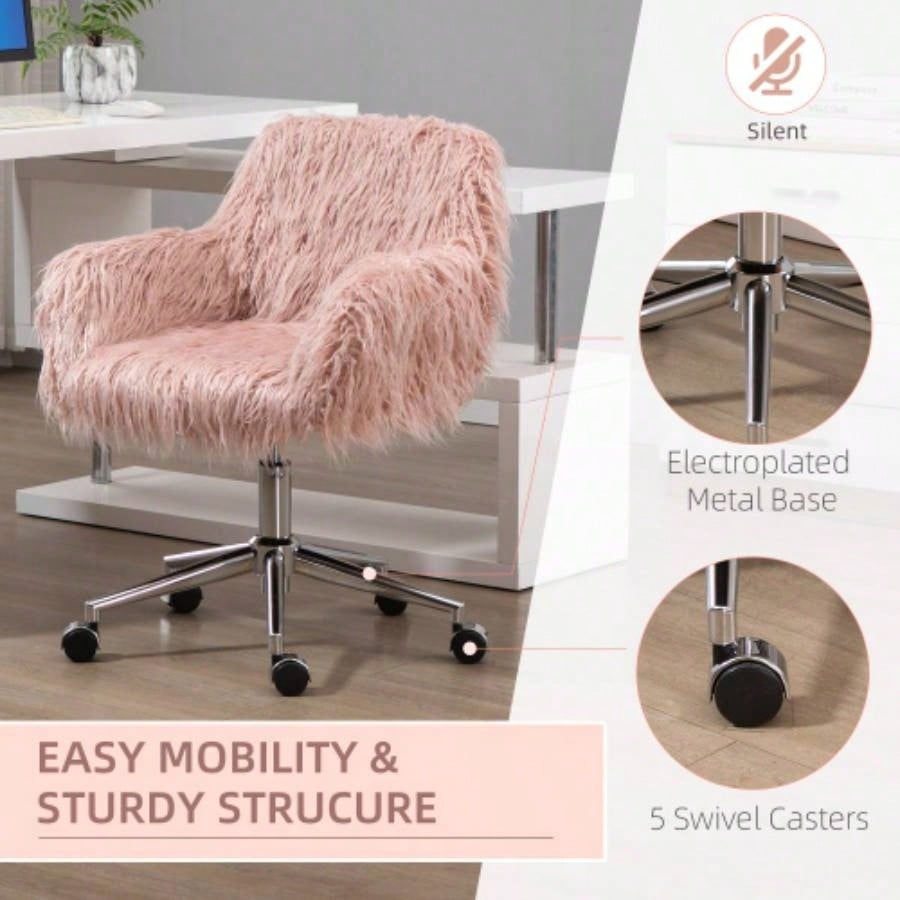 Vinsetto Faux Fur Desk Chair, Swivel Vanity Chair with Adjustable Height and Wheels Office, Bedroom, Pink