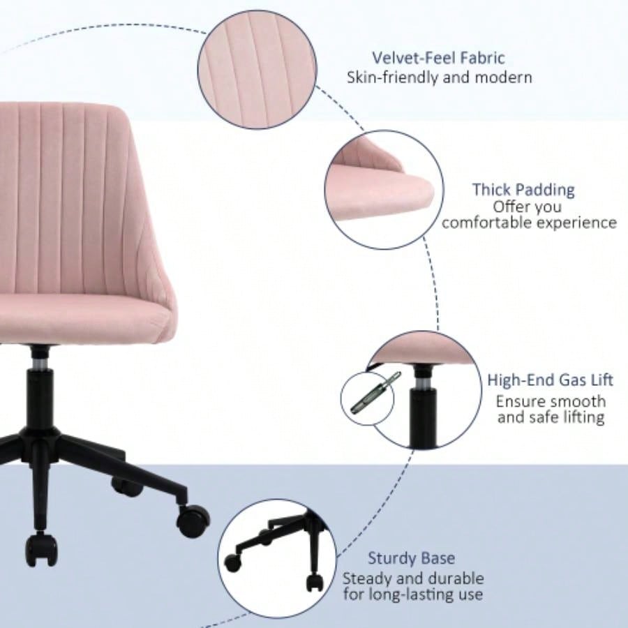 Vinsetto Mid - Back Office Chair, Velvet Fabric Swivel Scallop Shape Computer Desk Chair Home Office or Bedroom, Pink