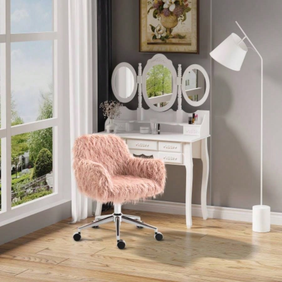 Vinsetto Faux Fur Desk Chair, Swivel Vanity Chair with Adjustable Height and Wheels Office, Bedroom, Pink