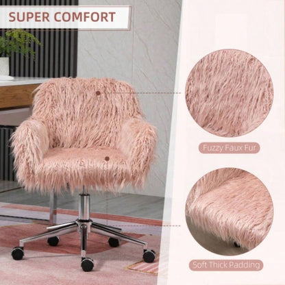 Vinsetto Faux Fur Desk Chair, Swivel Vanity Chair with Adjustable Height and Wheels Office, Bedroom, Pink