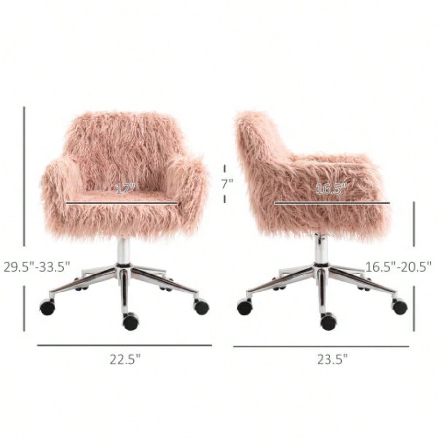 Vinsetto Faux Fur Desk Chair, Swivel Vanity Chair with Adjustable Height and Wheels Office, Bedroom, Pink