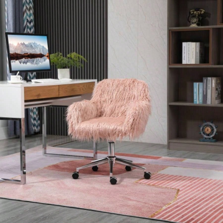 Vinsetto Faux Fur Desk Chair, Swivel Vanity Chair with Adjustable Height and Wheels Office, Bedroom, Pink
