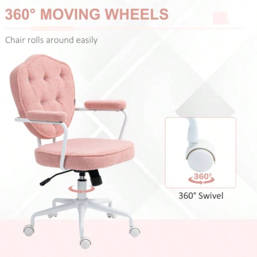 HOMCOM Cute Home Office Chair, Computer Desk Chair with Button Tufted Teddy Bear Fleece, Swivel Vanity Chair, Pink
