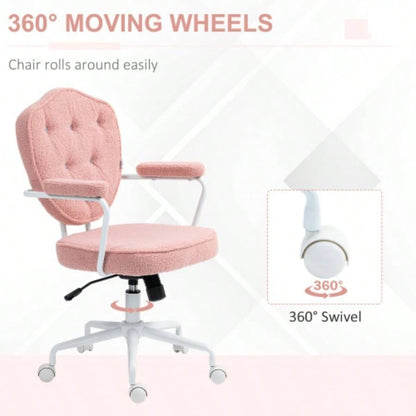 HOMCOM Cute Home Office Chair, Computer Desk Chair with Button Tufted Teddy Bear Fleece, Swivel Vanity Chair, Pink