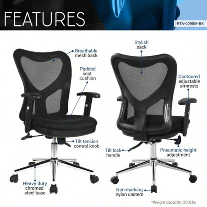 Techni Mobili High Back Mesh Office Chair With Base, Black