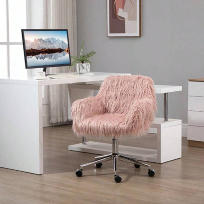 Vinsetto Faux Fur Desk Chair, Swivel Vanity Chair with Adjustable Height and Wheels Office, Bedroom, Pink