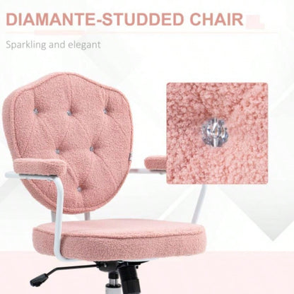 HOMCOM Cute Home Office Chair, Computer Desk Chair with Button Tufted Teddy Bear Fleece, Swivel Vanity Chair, Pink